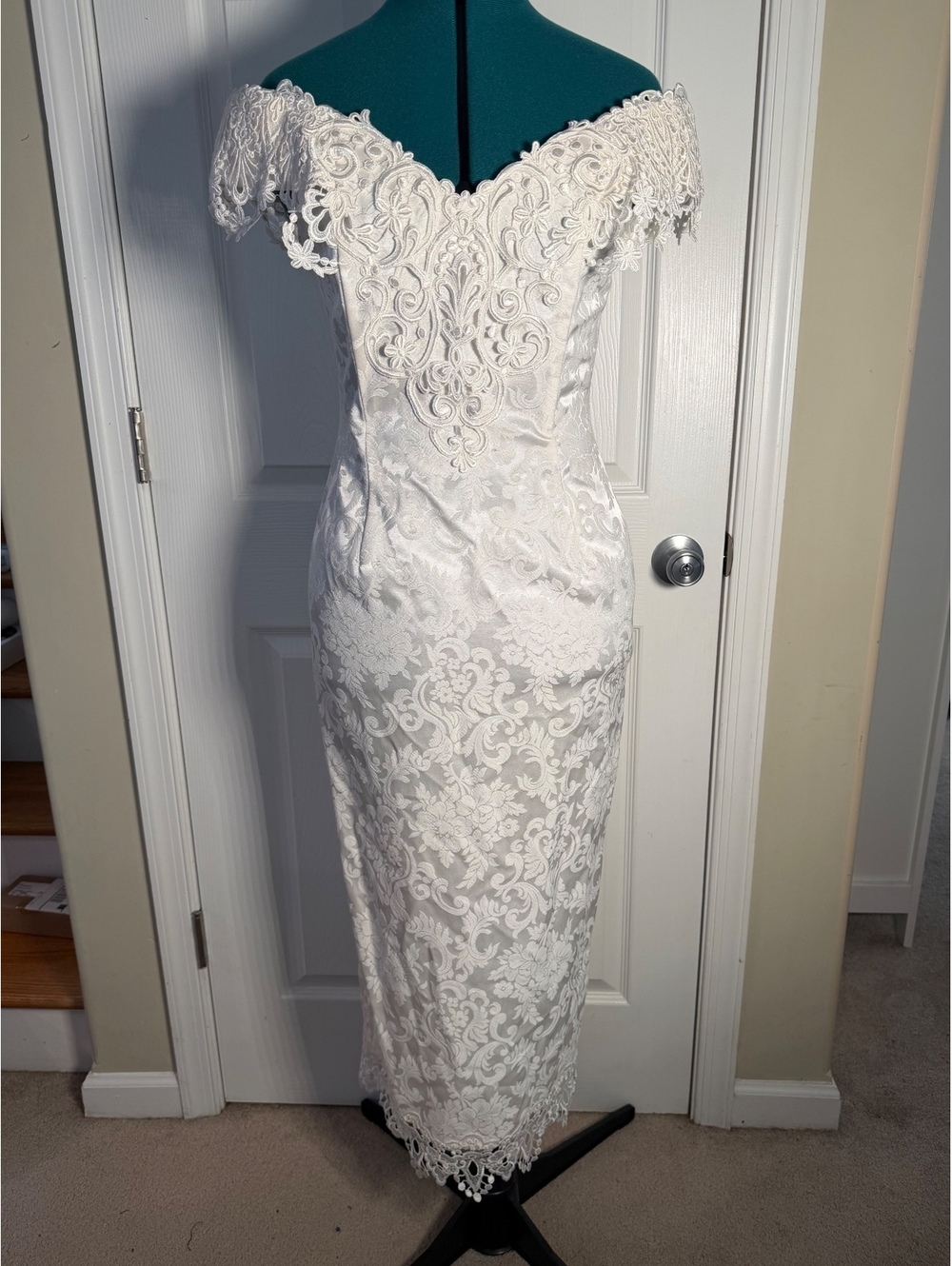 Vintage Scott McClintock Ivory White Lace Off Shoulder Bridal Wedding Dress